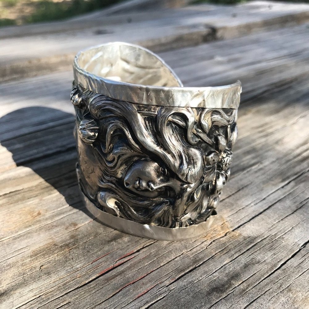 Antique Art Nouveau American Beauty Sterling Silver 925 Cuff Bracelet Lady Face - Picture 7 of 13